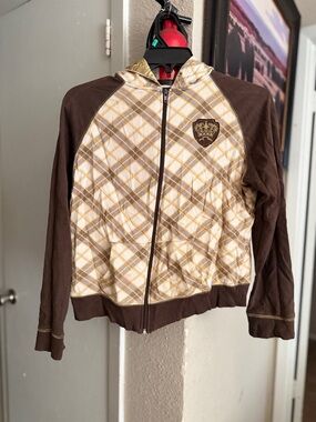 Plaid Front Zip Hoodie with Crest Detail